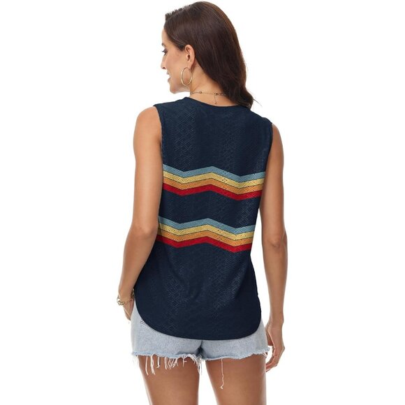 🆕Women  Black Polyester Eyelet Embroidery Crewneck Sleeveless Tunic Top Casual - Picture 3 of 5